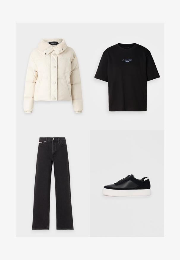 Light beige puffer jacket with a fur-lined collar, snap buttons, and side pockets; features a cropped design and soft, smooth texture.; Black cotton t-shirt with a round neck, short sleeves, and blue embroidered "Calvin Klein JEANS" logo on the front.; Black wide-leg jeans made of denim, featuring a high-rise waist, five-pocket styling, and a metal button closure with contrasting stitching.; Black sneaker with smooth leather and suede panels, flat laces, rounded toe, and a white rubber sole. Distinct logo on the heel.