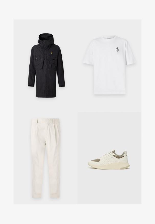 Melna kapuce ar priekšējo rāvējslēdzēju, divām pogāmajam krūšu kabatām un mazu dzeltenu ērgļa logotipu kreisajā krūtī.; Bāla kokvilnas t-kreklu ar brīvu piegulšanu, kuram uz kreisā krūšu apvidus ir neliels melns grafiskais logotips. Īsas piedurknes, apaļas kakla izgriezums.; Baltas, pleitēts bikses ar piegriezumu, kas pielāgots figūrai, ar gludu tekstūru, jostas cilpām un sašaurinātiem galiem. Nav redzamu kabatu vai rakstu.; Baltas un gaiši bež sporta apavi, ar sieta augšdaļu, perforētiem detaļām un teksturētu vidusdaļu ar zīmolu uz papēža.