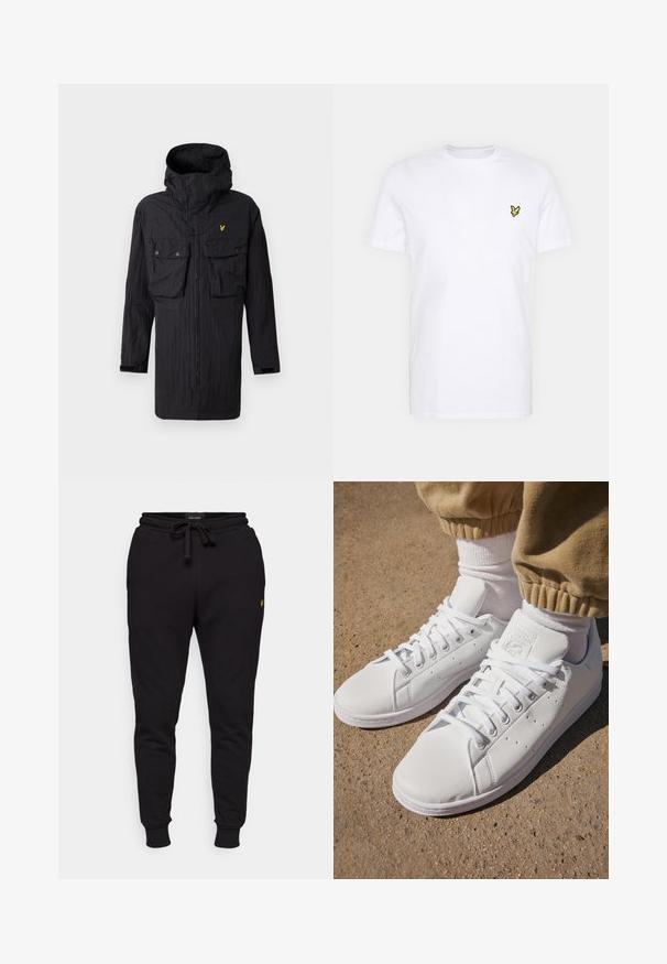 Schwarze Kapuzenparka mit Frontreißverschluss, zwei mit Knöpfen verschlossene Brusttaschen und einem kleinen gelben Adler-Logo auf der linken Brust.; Weißes Baumwoll-T-Shirt mit einem kleinen schwarzen und gelben gestickten Logo auf der linken Brust. Kurze Ärmel und ein Rundhalsausschnitt.; Schwarze Baumwoll-Jogginghosen mit elastischem Bund, Kordelzug und gerippten Bündchen. Mit einem kleinen gelben Logo auf dem linken Oberschenkel.; Weiße Leder-Sneaker mit einer glatten Oberfläche, klassischem Schnürdesign, Perforationen für Atmungsaktivität und einer strukturierten Gummisohle.
