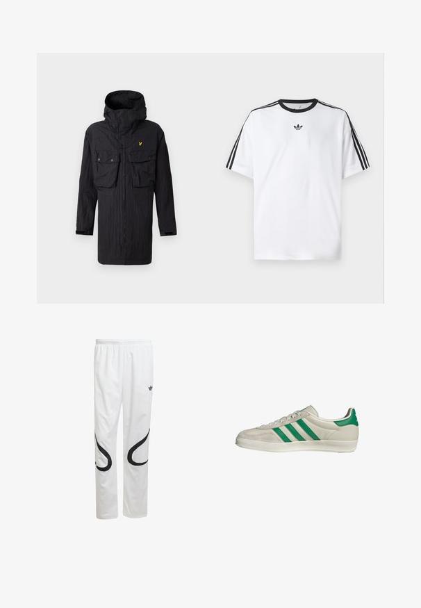 Parka nera con cappuccio, chiusura lampo frontale, due tasche sul petto con bottone e un piccolo logo giallo ad aquila sul lato sinistro del petto.; Maglietta bianca in cotone, con scollatura rotonda nera e tre strisce nere su ciascuna spalla. Piccolo logo nero sul petto.; Pantaloni sportivi bianchi con una texture liscia, caratterizzati da motivi curvi neri sui lati e un logo nero vicino all'elastico in vita.; Sneaker beige con strisce verdi, con suola bianca e tomaia in pelle liscia. Vista laterale che evidenzia i dettagli dei lacci e il logo.