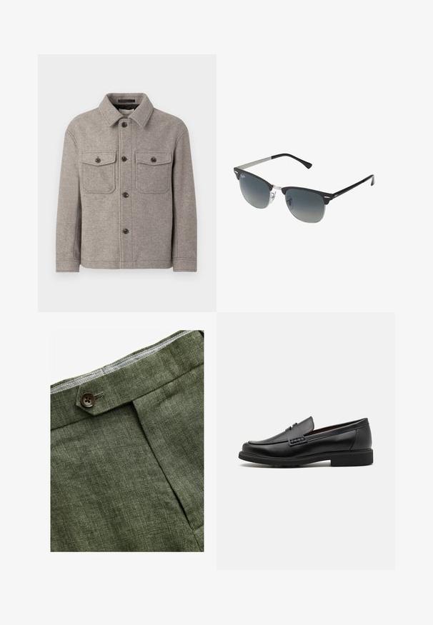 Grå uldblandet jakke med spids krave, to brystlommer, frontlukning med knap og lange ærmer. Tekstureret overflade og klassisk design.; Lyseblå langærmet skjorte med knapper og klassisk krave, lige bund og subtil tekstur. Har en central knaplukning.; Olivenfarvede linnedbukser med en frontfold, prydet med en knaplukning og et kontrastfarvet ternet for i taljebåndet.; Sorte syntetiske loafers med en fremtrædende syet front, polstret indersål og flad gummiydersål; slankt design med minimal detaljer.; Sorte og sølv solbriller med katteøje-form, gradient linser og metalliske detaljer på rammen. Plastiske arme med grå spidser.