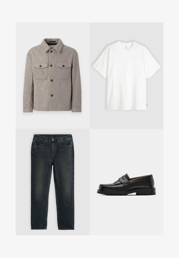 Casaco cinza em mistura de lã com colarinho pontudo, dois bolsos no peito, fecho frontal com botões e mangas longas. Superfície texturizada e design clássico.; T-shirt branca de manga curta, feita de algodão, com decote redondo. Apresenta um discreto detalhe de logotipo em relevo na frente e uma etiqueta vermelha na bainha.; Jeans de denim azul-escuro com corte reto, apresentando cinco bolsos, fecho de zip e costura em contraste. Desgaste sutil no tecido.; Os mocassins de couro preto apresentam uma costura elevada, duas tiras decorativas na parte superior e uma sola grossa e texturizada para maior aderência.