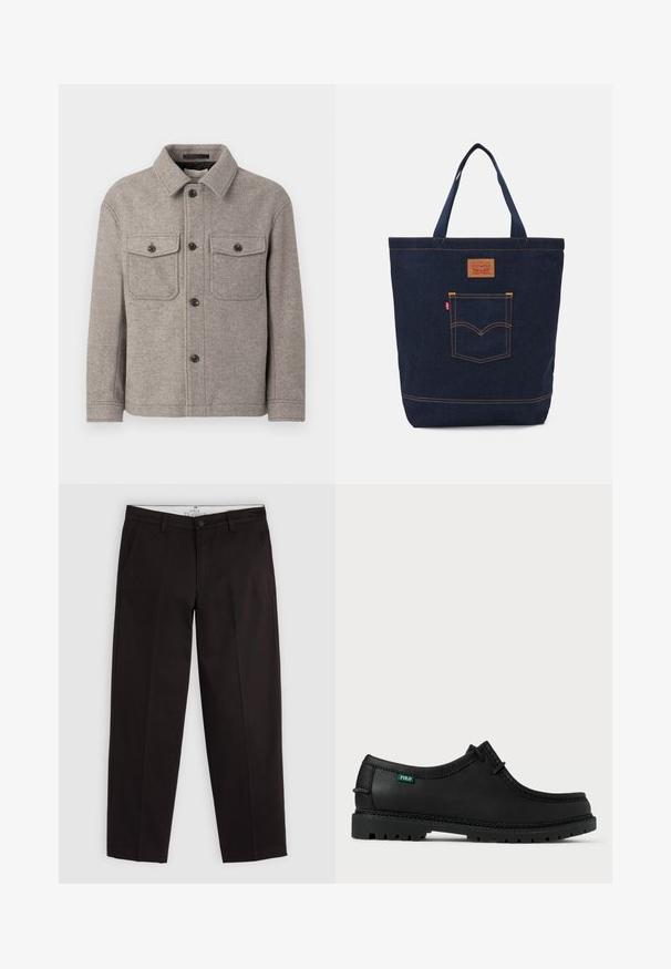Szara kurtka z wełny z dużym kołnierzem, dwiema kieszeniami na piersi, z przodu zapinana na guziki oraz z długimi rękawami. Teksturowana powierzchnia oraz klasyczny design.; Czarna bawełniana koszulka z nadrukiem na klatce piersiowej, na którym widnieje napis "ROŚLINY DOMOWE" w białej stylizowanej czcionce z "Levi's" poniżej. Klasyczny okrągły dekolt.; Czarne chinosy o prostych nogawkach z pętlami na pasek, z zapięciem na guzik i bocznymi kieszeniami, wyeksponowane na jasnoszarym tle.; Czarny skórzany but o niskim profilu, okrągłym nosku i teksturowanej podeszwie. Posiada zieloną metkę "POLO" oraz kontrastowe szwy wzdłuż krawędzi.; Jeansowa torba na ramię w ciemnoniebieskim kolorze z dwoma uchwytami, widocznymi szwami i przednią kieszenią z klasyczną naszywką z logo.