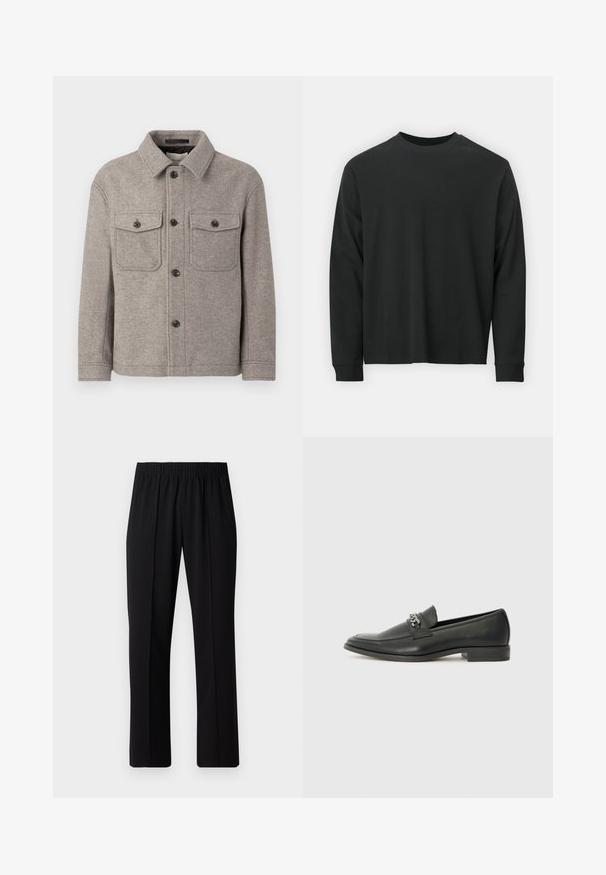 Pelēks vilnas jaukuma žakete ar norādītu apkakli, divām krūšu kabatām, priekšējo pogu aizdari un garām piedurknēm. Tekstūrēta virsma un klasiskā dizaina.; Garās piedurknes melna T-kreklā, izgatavota no kokvilnas, ar apaļu kakla izgriezumu, brīvu piegriezumu un ribotām piedurknēm. Gluda tekstūra bez redzamām rakstainēm.; Melni elastīgi bikses ar taisnas kājas dizainu, ar gludu tekstūru un bez redzamām zīmēm vai detaļām.; Melna ādas loafer izmēra apavi ar gludu virsmu, piedāvā ar šūtu dizainu un dekoratīvu metāla ķēdes akcentu pār vampu. Plakana papēža daļa.
