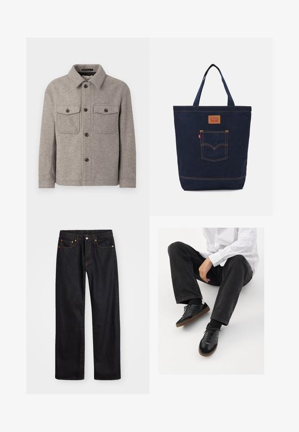 Casaco cinza em mistura de lã com colarinho pontudo, dois bolsos no peito, fecho frontal com botões e mangas longas. Superfície texturizada e design clássico.; T-shirt de malha riscada em bege claro com mangas curtas e decote redondo, exibido contra um fundo branco simples.; Calças de ganga pretas para homem, de pernas retas, com cinco bolsos e costura laranja, fecho de botão e zíper na cintura da frente.; Sneakers pretos com parte superior lisa e texturada, apresentando uma sola de borracha e atacadores escuros. Combinados com jeans pretos e uma camisa branca às riscas.; Bolsa tote de denim em azul escuro com duas alças, costura visível e um bolso frontal com um patch de logótipo clássico.