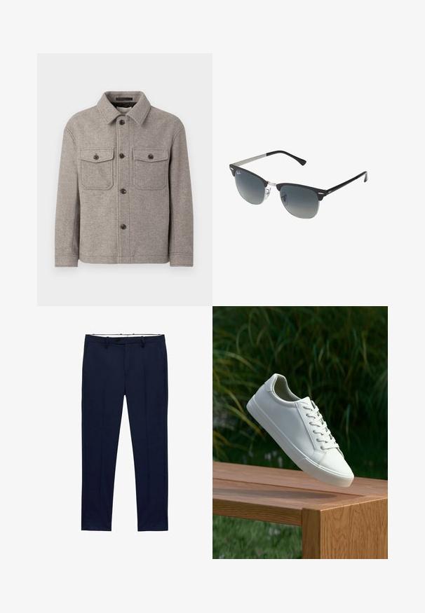 Giacca grigia in misto lana con colletto a punta, due tasche sul petto, chiusura frontale con bottoni e maniche lunghe. Superficie texturizzata e design classico.; T-shirt bianchi a maniche corte impilati, realizzati in cotone. Presentano un collo rotondo e un taglio dritto. Il tessuto appare liscio senza pattern.; Pantaloni blu navy con vestibilità slim e motivo a righe sottili. Presentano una chiusura con zip, passanti per cintura e tasche frontali. Tessuto dalla texture liscia.; Sneaker bianco con lacci sospeso sopra una panchina di legno, con fogliame verde sullo sfondo, che mette in mostra il design e la texture della scarpa.; Occhiali da sole neri e argento con forma a occhio di gatto, lenti sfumate e dettagli metallici sulla montatura. Aste in plastica con punte grigie.