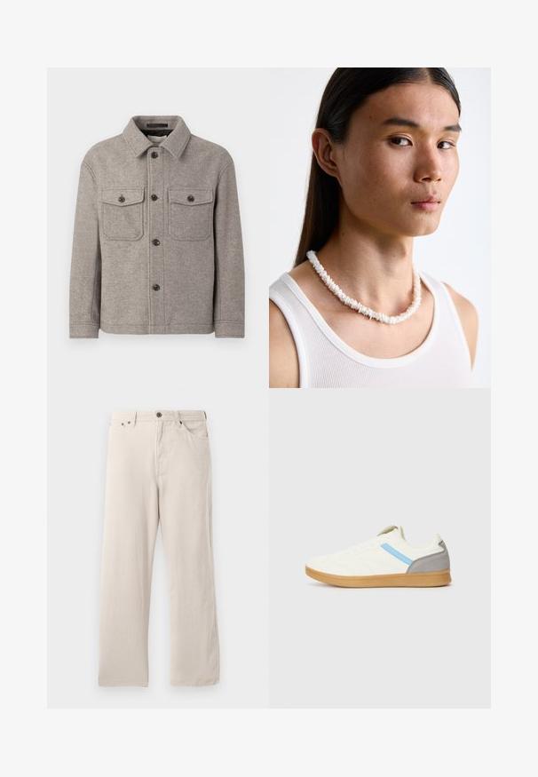 Giacca grigia in misto lana con colletto a punta, due tasche sul petto, chiusura frontale con bottoni e maniche lunghe. Superficie texturizzata e design classico.; T-shirt bianco in cotone con maniche corte, collo rotondo e un logo circolare nero sul lato sinistro del petto con un design stilizzato.; Pantaloni in corduroy beige con taglio dritto, caratterizzati da una trama a coste, design a cinque tasche e chiusura con bottone.; Sneaker con una parte superiore color crema, striscia laterale blu e accentuazione grigia sul tallone. Presenta un design testurizzato e suola in gomma naturale.; Collana di conchiglie bianche composta da forme irregolari, indossata sopra una maglietta bianca aderente. Texture liscia con una leggera lucentezza, design aderente.