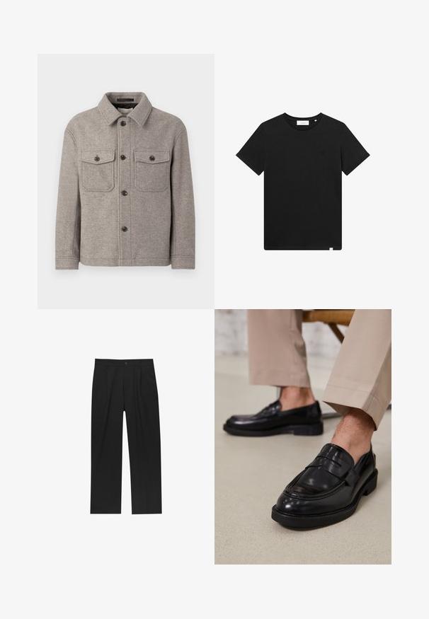 Sivý vlnený kabát v zmesi s vyberavým golierom, dvoma náprsnými vreckami, predným zapínaním na gombíky a dlhými rukávmi. Textúrovaný povrch a klasický dizajn.; Čierne tričko s krátkym rukávom vyrobené z bavlny, s okrúhlym výstrihom a malým logom vyšitým na hrudi. Hladká textúra, štandardný strih.; Čierne nohavice s rovnými nohavicami, vyrobené z hladkej tkaniny. Majú predné puky a jediné gombíkové zapínanie v páse.; Čierne kožené poltopánky s hladkým povrchom, so zdobným remienkom a kontrastným prešívaním, skombinované s béžovými nohavicami.
