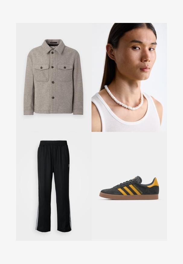 Pelēks vilnas jaukuma žakete ar norādītu apkakli, divām krūšu kabatām, priekšējo pogu aizdari un garām piedurknēm. Tekstūrēta virsma un klasiskā dizaina.; Melna kokvilnas T-kreklu ar baltajiem akcentiem. Iezīmes īsas piedurknes, raglanu dizains un mazs logo uz krūšu. Trīs baltas svītras uz pleciem.; Melni sporta bikses ar elastīgu jostas vietu, kurām ir baltas sānu svītras un neliels logotips. Materiāls izskatās mīksts un viegls.; Melnas zamšādas kedas ar dzelteniem akcentiem, kurām ir trīs svītras un brūna gumijas zole. Iekļauta mīksta valkāšanas tongue komfortam.; Balta čaulu kaklarota, kas sastāv no neregulārām formām, valkāta virs pieguļošas baltas topiņas. Gluda tekstūra ar smalku spīdumu, cieši piegulošs dizains.