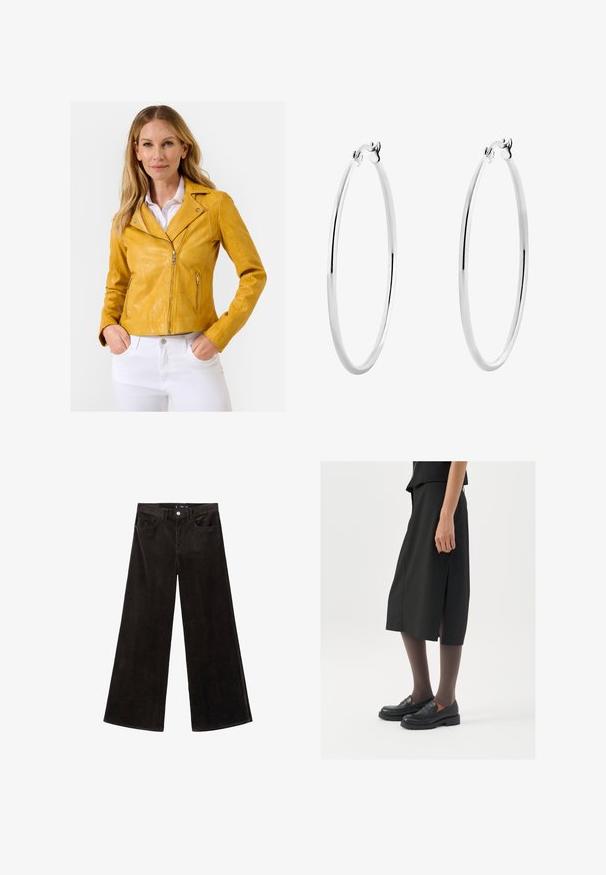 Gele leren motorjack met een slim fit ontwerp, ritssluiting en accenten van zilver, gecombineerd met witte broek.; Grijze rits-hybride hoodie gemaakt van een zachte katoenmix, met een capuchon, kangoeroezakken en geribbelde mouwen. Ontspannen oversized pasvorm.; Grijze ribbel tanktop met een ronde hals en zonder mouwen. Zachte textuur en een getailleerd ontwerp, geschikt voor casual of om te combineren.; Zwarte corduroy wijde pijpen broek met een hoge taille, voorzakken en een gestructureerde stof, met een knoopsluiting en riemlussen.; Zwarte knielange rok met zijsplit, gecombineerd met zwarte loafers en doorzichtige bruine panty's, met een mooie stof en een eenvoudig ontwerp.; Zilveren oorringen met een gladde, gepolijste oppervlakte en een dunne, ronde vorm. Het ontwerp heeft een veilige sluiting.