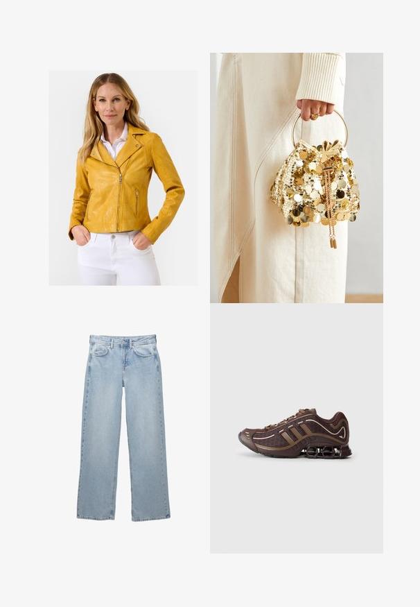 Gul lædermotorcykeljakke med en tætsiddende pasform, lynlåslukning og sølvfarvede hardwaredetaljer, parret med hvide bukser.; Sort langærmet top lavet af blødt stof, der har et drapert design med crossover-foran og bådudskæring. Glat tekstur, cropped længde.; Lys blå denim jeans med bred bendesign, med en knap- og lynlåslukning, fem lommer og minimale syninger.; Brun atletisk sko med mesh og syntetisk overdel, prydet med tre striber, detaljeret syning, polstret sål og karakteristisk fjederagtig hæl.; Guld paliettrækkevogn med et cirkulært håndtag, der har skinnende runde paljetter og et tekstureret stof. Dimensioner er ikke angivet.