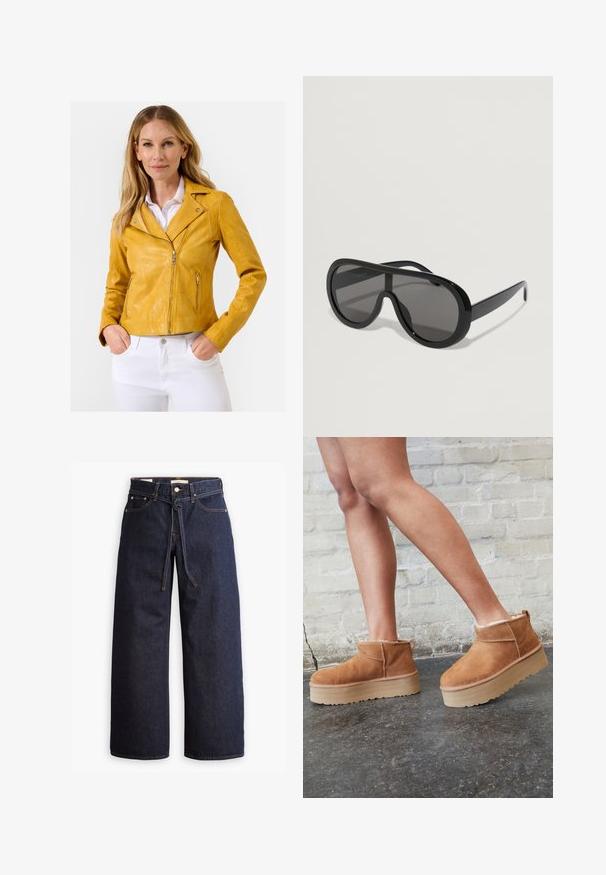 Gul lædermotorcykeljakke med en tætsiddende pasform, lynlåslukning og sølvfarvede hardwaredetaljer, parret med hvide bukser.; Hvid kortærmet blouse med krave, der har en snoet knude detalje foran og en knaplukning. Glat ribbet tekstur.; Bredde ben mørkeblå denim jeans med høj talje, der har snoretræk, fem lommer og kontrastsyet detaljer.; Brune ruskinds ankelsko med en blød foring, tyk beige plattformsål og en bageste løkke. Tekstureret overflade med synlige sømdetaljer.; Store solbriller i sort med en glat plastisk stel, mørke linser og brede stænger, som har en wraparound-design for fuld beskyttelse.