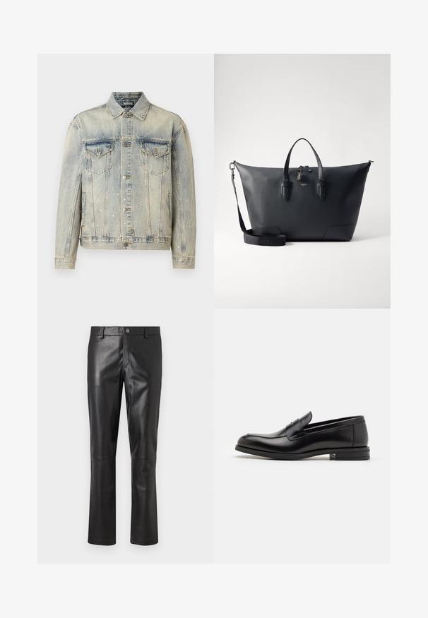 Světle modrá džínová bunda s dekorativními stříbrnými kříži, dvěma náprsními kapsami, zapínáním na knoflíky a klasickým designem límce.; Bílý dlouhý rukáv termo top s žebrovanou strukturou, kulatým výstřihem a manžetami. Čistý design bez vzorů nebo dalších akcentů.; Černé kožené kalhoty s hladkou texturou, rovnými nohavicemi a jemným švem podél švů. Obsahují knoflíkové zapínání v pase.; Černé kožené polobotky s hladkou texturou, zaoblenou špičkou a zdobným páskem přes nárt. Nízký stohovaný podpatek, minimalistický design.; Lancel CHARLIE UNISEX - Aktovka - black