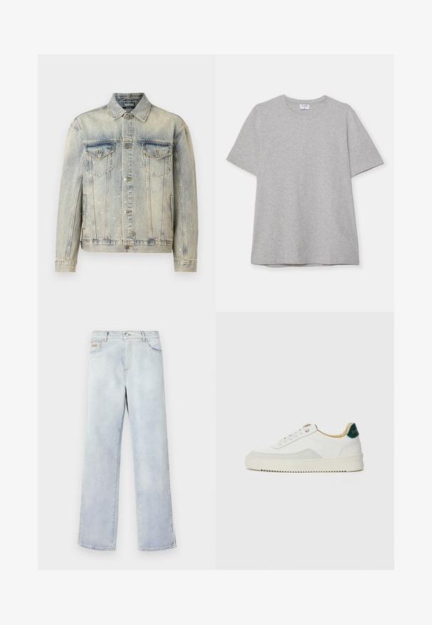 Light blue denim jacket featuring silver cross embellishments, two chest pockets, button closure, and a classic collar design.; Gray short-sleeve T-shirt made from soft, textured fabric. Features a classic crew neck and a straight hem, suitable for casual wear.; Light blue denim jeans with a straight leg design, featuring a button closure, five pockets, and contrast stitching.; White sneaker with suede accents, rounded toe, flat laces, and a cream rubber sole. Features green branding on the heel.