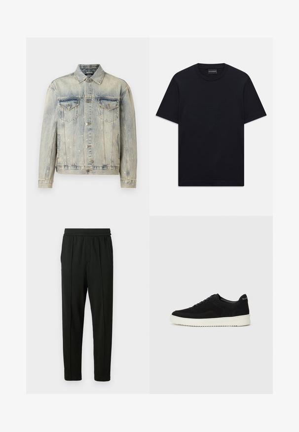 Šviesiai mėlyna džinsinė striukė su sidabriniais kryžiais, dviem krūtinės kišenėmis, mygtukų uždarymu ir klasikinio apykaklės dizainu.; Juoda trumpo rankovės marškinėliai su apvalia iškirpte, su subtiliu iškilniu logotipo dizainu viduryje krūtinės ir ženklu vidinėje apykaklės pusėje.; Juodos kelnės, pagamintos iš lygaus audinio; turi elastingą juosmens juostą, šonines kišenes ir siaurėjančio silueto dizainą. Minimalistinės ir vienos spalvos.; Juodos veliūrinės sportinės bateliai su raištelių dizainu ir kontrastinga balta gumine padais. Yra tekstūruoti šoniniai skydeliai ir subtilus logotipas ant kulno.