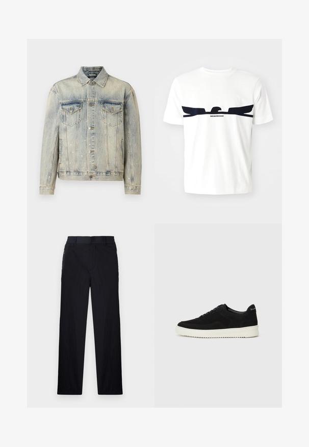 Lys blå denimjakke med sølvfargede kryssdetaljer, to brystlommer, knappelukking og klassisk kragedesign.; Hvit bomull t-skjorte med et marineblått ørn grafikk og "EMPORIO ARMANI" tekst under designet. Korte ermer og rund hals.; Sorte bukser med lett og teksturert stoff, rett ben-design, elastisk midjebånd og sidelommer med glidelås.; Svart semsket sneakers med snøring og kontrasterende hvit gummisåle. Har teksturerte sidepaneler og subtil merkevare på hælen.