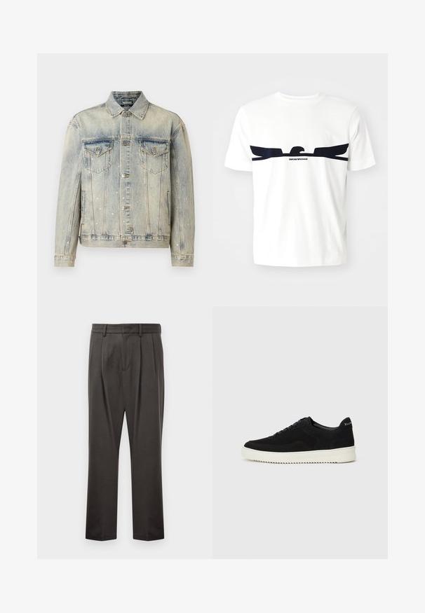 Light blue denim jacket featuring silver cross embellishments, two chest pockets, button closure, and a classic collar design.; White cotton t-shirt featuring a navy blue eagle graphic and "EMPORIO ARMANI" text below the design. Short sleeves and a crew neck.; Dark gray trousers made from textured fabric, featuring a flat front, pleats, straight legs, and belt loops. No visible hardware or patterns.; Black suede sneaker with lace-up design and contrasting white rubber sole. Features textured side panels and subtle branding on the heel.