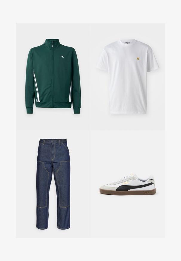 Zelena trenirka na zip s visokim ovratnikom, bijelim bočnim trakama i logotipom na prsima. Glatka tkanina s laganim, sportskim dizajnom.; Bijela pamučna majica kratkih rukava s okruglim izrezom, sa malim zlatnim logotipom na lijevoj strani prsnog koša. Mekana tekstura i standardni kroj.; Tamno plave traperice s visokim strukom, ravnog kroja, kontrastnim šavovima i otvorenim džepovima sprijeda.; Bijela kožna tenisica s crnim antilop naglaskom, okrugli vrh, ravni smeđi gumeni potplat i utisnuti zlatni logo sa strane. Šnirlovi i podstavljeni ovratnik.