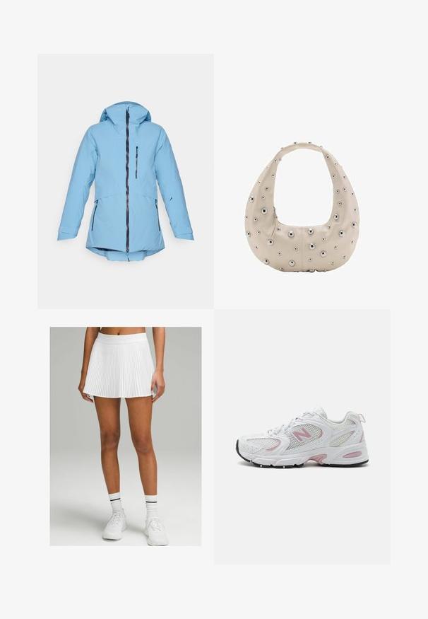 Lichtblauwe waterdichte jas met capuchon, volledige rits aan de voorkant en twee zijzakken. Heeft lange mouwen en een licht gebogen zoom.; Witte lange mouwen shirt gemaakt van een katoenmix, met een ronde halslijn en een slim fit ontwerp. Geen zichtbare patronen of accenten.; Witte geplooide rok met een brede tailleband, met een vloeiende silhouet. Gedeeltelijk gedragen met witte sneakers en geribde kousen met zwarte strepen.; Witte sport schoenen met een bovenwerk van mesh en synthetisch materiaal, roze accenten, een gewatteerde kraag en een zwarte rubberen zool. Bevat zichtbare perforaties en een logo.; Beige leren tas in een hobo-vorm, voorzien van zilveren metalen studs in verschillende maten over de buitenkant, met een contrasterende ritssluiting.