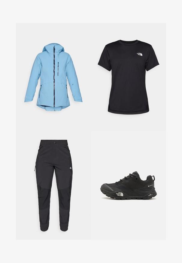 Svetlomodrá vodoodolná bunda s kapucňou, plným zipsom na prednej strane a dvoma bočnými vreckami. Má dlhé rukávy a mierne zaoblený lem.; The North Face FLEX SHORT SLEEVES TEE - Športové tričko - black; Čierne vonkajšie nohavice vyrobené z odolného materiálu. Obsahujú vrecká na zips, zosilnené kolenné panely a rovný strih pre pohyblivosť.; Čierna turistická obuv s textúrovaným povrchom, šnurovaním a masívnou gumovou podrážkou, na strane so zreteľným logom a vzormi na protišmykovú trakciu.