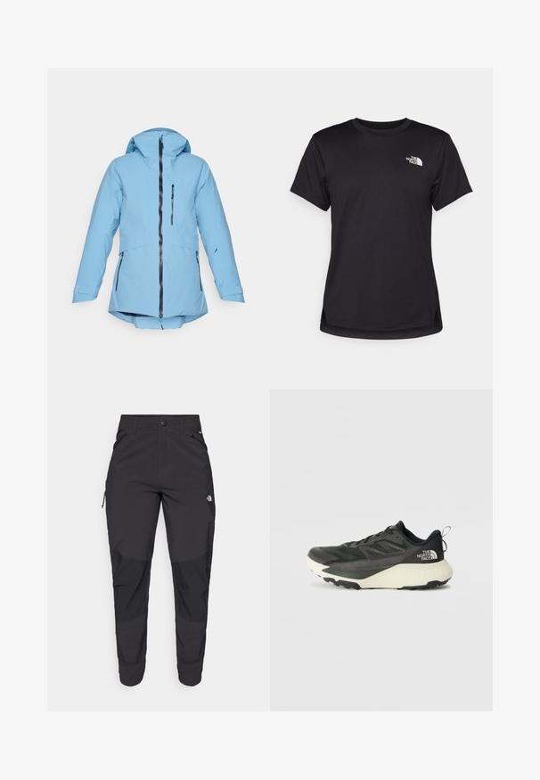 Veste imperméable bleu clair avec capuche, fermeture éclair sur le devant et deux poches latérales. Elle a des manches longues et un ourlet légèrement arrondi.; The North Face FLEX SHORT SLEEVES TEE - T-shirt de sport - black; Pantalons noirs d'extérieur en tissu durable. Dotés de poches zippées, de panneaux de genoux renforcés et d'une coupe droite pour une meilleure mobilité.; Chaussure de sport noire avec une tige texturée, dotée d'accents gris et d'une semelle intermédiaire blanche. Comprend une languette et un logo de marque bien visible à l'arrière.