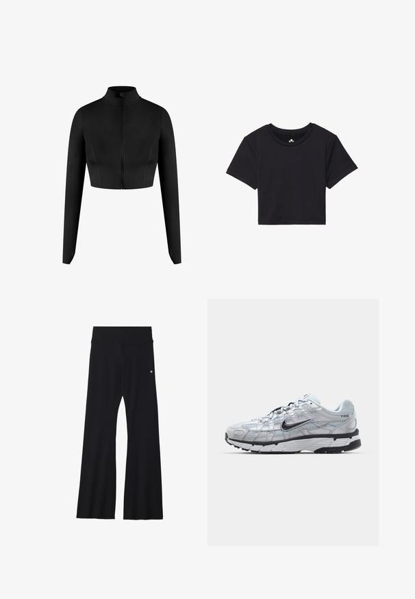 Black cropped zip-up jacket with long sleeves, made from smooth fabric. Features a high collar and minimalistic design with no patterns.; Black cropped t-shirt with short sleeves, round neckline, made of smooth fabric. Minimalist design with no visible patterns or accents.; Black flared yoga pants in stretchy fabric, featuring a wide waistband and a small logo near the hip. Smooth texture, no patterns.; Nike P-6000 sneakers with a light grey mesh upper, black accents, and a durable black rubber sole. Features intricate design and lacing system.