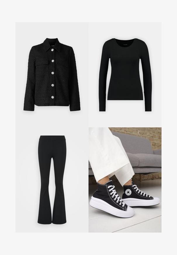 Black textured jacket featuring a collar, two front pockets, and six decorative silver flower-shaped buttons down the center.; Black long-sleeve shirt made of ribbed fabric. Features a round neckline and fitted silhouette. Simple design without patterns or accents.; Black flared pants made of stretchy fabric, featuring a high waistband and a smooth texture. The pants flare out from the knee.; Black high-top sneakers with white rubber soles and laces. Features a round logo patch and contrasting white stitching. Canvas material.