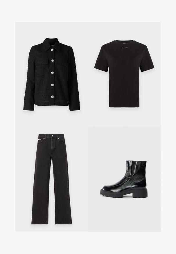 Čierna štruktúrovaná bunda s golierom, dvoma prednými vreckami a šiestimi dekoratívnymi striebornými kvetinovými gombíkmi v strede.; Čierne bavlnené tričko s krátkymi rukávmi, klasickým výstrihom a malým bielym logom "Calvin Klein" na hrudi. Hladká textúra, klasický strih.; Čierne široké džínsy vyrobené z denimu, s vysokým pásom, piatimi vreckami a kovovým zapínaním s kontrastným šitím.; Čierne kotníkové topánky s lesklým patentným koženým povrchom, masívnou čiernou gumovou podrážkou a vyvýšeným podpätkom; na boku obsahujú jemný detail loga.