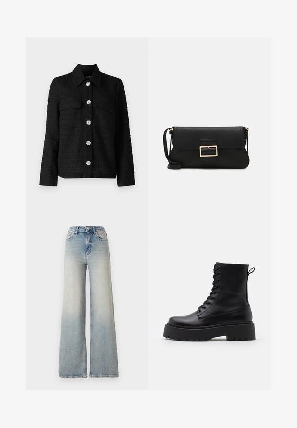 Črn teksturiran plašč z ovratnikom, dvema sprednjima žepoma in šestimi okrasnimi srebrnimi gumbi v obliki cvetov vzdolž sredine.; Črn dolg rokav vrh, izdelan iz gladkega blaga, z okroglim izrezom in nabrano obdelavo na ramenih in manšetah.; Svijetloplave široke traperice s visokim strukom, koje imaju pet džepova i vidljivo šivanje uz šavove.; Črne usnjene gležnjarje z okroglo konico, vezalnim sprednjim delom in debelim gumijastim podplatom z teksturiranim profilom. Zanka na hrbtni strani.; Črna usnjena torbica na preklop z zlato kovinsko zaponko. Vključuje črn trak in eleganten, minimalističen dizajn.; Zlate obroče ušesne uhane, tanke in krožne oblike, z gladko kovinsko površino brez okrasnih elementov ali vzorcev.