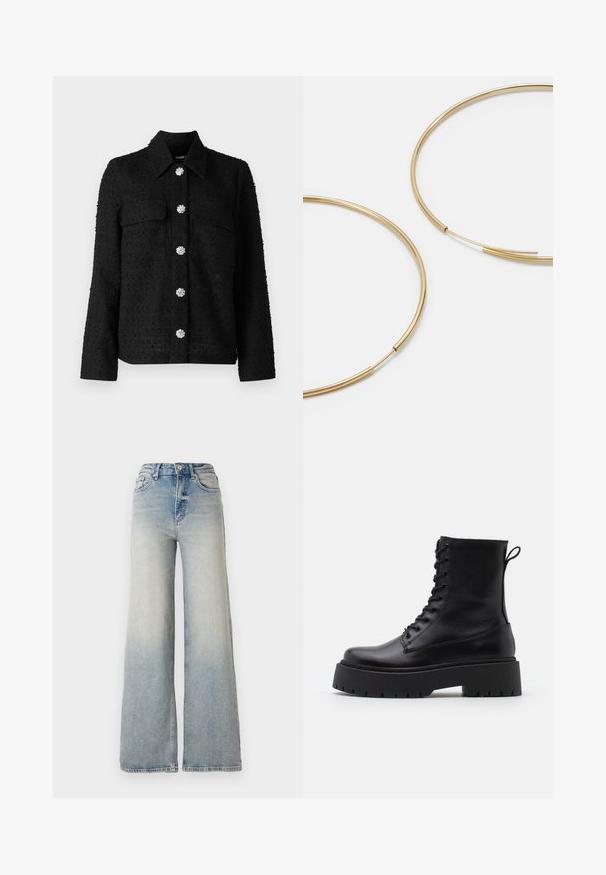 Black textured jacket featuring a collar, two front pockets, and six decorative silver flower-shaped buttons down the center.; Black long-sleeve top made of smooth fabric, featuring a round neckline and gathered details at the shoulders and cuffs.; Light blue wide-leg jeans made of denim, featuring a high waist, five pockets, and visible stitching along the seams.; Black leather ankle boots with a round toe, lace-up front, and a thick rubber sole featuring a textured tread. Pull tab at the back.; Gold-colored hoop earrings, thin and round in shape, with a smooth metallic finish and no embellishments or patterns.