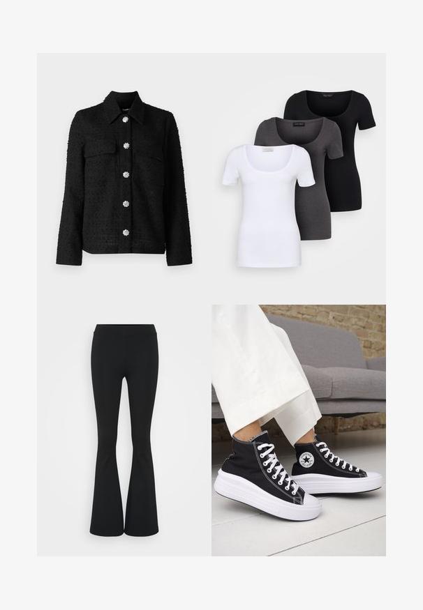 Melnas teksturētas jakas ar apkakli, divām priekšējām kabatām un sešiem dekoratīviem sudraba ziedu formas podziņām vidū.; Trīs pieguļoši T-krekli baltā, pelēkā un melnā krāsā. Katram ir plaša izgriezuma kakla un īsas piedurknes. Izgatavoti no gluda, elastīga auduma.; Melnas izplešanās bikses, izgatavotas no elastīga auduma, ar augstu vidukli un gludu tekstūru. Bikses izvēršas no ceļa.; Melnas augstās topa kedas ar baltām gumijas zolēm un auklām. Tās ir ar apaļu logotipa uzšuvumu un kontrastējošām baltām šuvēm. Materiāls no kanvas.