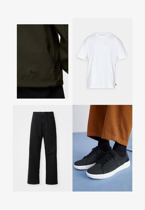 Jachetă Nike dintr-un material verde închis cu o textură netedă; prezintă un logo brodat negru la tiv și detalii de cusătură contrastante.; Tricou alb din bumbac, cu mâneci scurte și guler rotund. Prezintă un mic logo Nike, discret, pe piept și o eticheta pe lateral.; Pantaloni din denim negri cu croi drept, având buzunare frontale, fermoar și un singur buton la partea superioară. Țesătură texturată cu un finisaj mat.; Adidași negri din suede cu talpă din cauciuc albă, cu un design cu șireturi, accente texturate și branding subtil, asortați cu pantaloni maro.