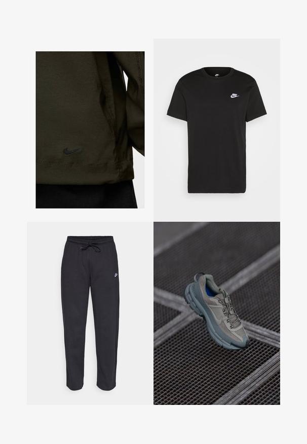 Μπουφάν Nike σε σκούρο πράσινο ύφασμα με λείο текстάρισμα; διαθέτει μαύρο κεντημένο λογότυπο στο μανίκι και αντίθετες ραφές λεπτομέρειες.; Μαύρο βαμβακερό κοντομάνικο T-shirt με στρογγυλή λαιμόκοψη και ένα μικρό λευκό λογότυπο Nike στην επάνω αριστερή πλευρά του στήθους. Λείος υφασμάτινος ιστός. Κλασσική εφαρμογή.; Μαύρες φόρμες από μαλακό ύφασμα με ελαστική μέση, κορδόνι και μικρό λογότυπο Nike στο αριστερό μηρό.; Πετρόλ και γκρι αθλητικό παπούτσι με υφασμάτινη επένδυση, στρογγυλή μύτη και καουτσουκέιν σόλα, διαθέτοντας κορδόνια και μαξιλαρωμένη περιφέρεια.