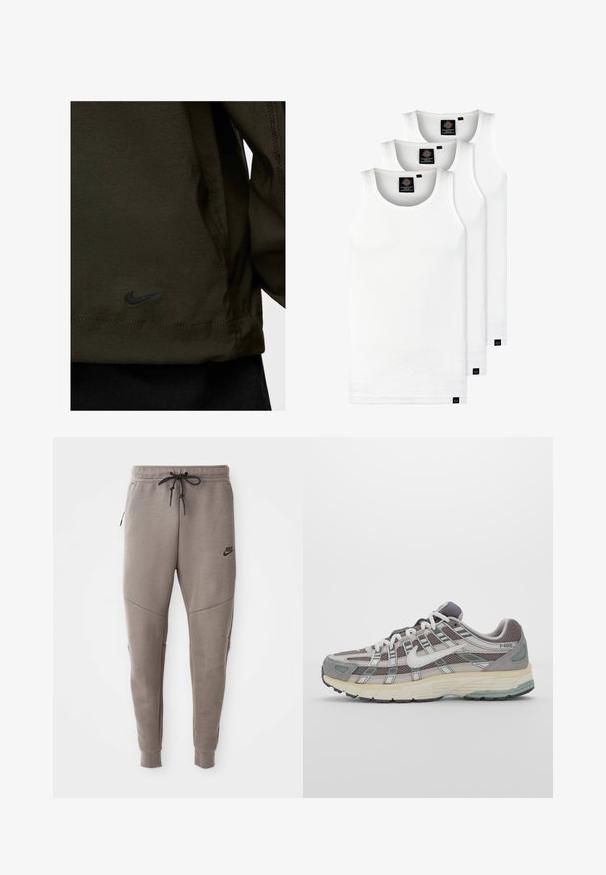 Sötétzöld szövetből készült Nike dzseki, sima textúrával; a szegélyén fekete hímzett logóval és kontrasztos varrási részletekkel.; Három fehér csíkos pamut trikó. Felső része kerek nyakkivágású, és a szegély közelében kis fekete címkék találhatók. Több méretben elérhető.; Szürke Nike melegítőnadrág húzózsinórral a deréknál, keskeny lábakkal, oldalsó zsebekkel és jellegzetes varrás részletekkel. Puha, texturált anyag.; Szürke sportcipő, hálós és velúr felsőrésszel, fehér részletekkel, párnázott talppal és jellegzetes dizájnnal, amely visszaverő elemeket tartalmaz.