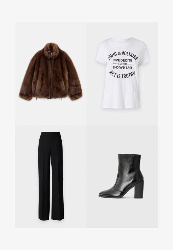 Barna műszőrme dzseki magas gallérral, cipzáras záródással és elasztikus mandzsettával. Puha tapintású, lekerekített dizájnja miatt kényelmes illeszkedést biztosít.; Fehér pamut póló, amelyet merész fekete szöveg díszít a márkanevével, helyszínével, alapítási évével és szlogenjével egy kör alakú elrendezésben. Kerek nyakkivágás.; Fekete, széles szárú nadrág sima tapintással, magas derékkal és középen pliszével. Nincsenek látható minták vagy fém részletek.; Fekete bőr bokacipő sima textúrával, hegyes orral és vastag, magas sarkával. Oldalnyílással és minimalista dizájnnal rendelkezik.