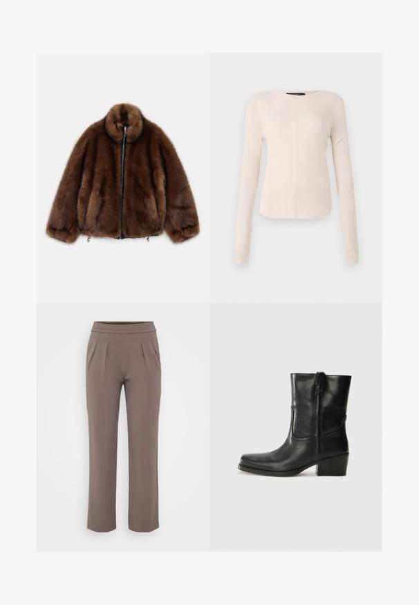 Rjava umetna krzna jakna z višjim ovratnikom, zadrgo in elastičnimi manšeti. Ima mehak teksturo in zaobljen dizajn za sproščen kroj.; Dolga majica v svetlo bež barvi s okroglim izrezom. Narejena iz mehkega materiala, ima osrednji šiv in rahlo ukrivljen rob. Ni vidnih elementov.; Taupe hlače širokega kroja z elastičnim pasom in sprednjimi gubi, narejene iz gladkega materiala.; Črne usnjene gležnjarje z zaobljenim nosom, blok peto, stransko zadrgo in šivanjem na vampu. Gladka tekstura, klasična zasnova.
