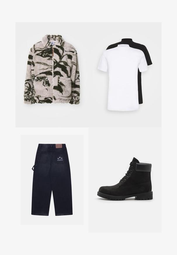 Giacca zip-up in pile beige con motivi floreali verdi, dotata di due tasche frontali, colletto alto e tessuto morbido e testurizzato.; Due magliette a maniche corte, una bianca e una nera, con un design a collo alto realizzate in morbido cotone.; Pantaloni in denim scuro con vestibilità ampia. Presentano due tasche sul retro, un'etichetta in pelle con il logo e un design a cinque stelle su una tasca.; Stivale alla caviglia nero con lacci, colletto imbottito e suola robusta, mostrato in profilo su uno sfondo bianco.