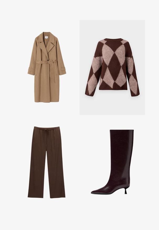 Beige Wollmischung-Trenchcoat mit Reverskragen, Bindegürtel, Seitentaschen und hochgekrempelten Ärmeln. Glatte Textur und minimalistische Designmerkmale.; Brauner und hellbeiger Strickpullover mit einem Rautenmuster, der lange Ärmel und einen runden Ausschnitt hat, aus einem weichen, strukturierten Stoff gefertigt.; Braune weite Hosen aus weichem Stoff, mit einem elastischen Bund und Kordelzug sowie zwei Seitentaschen.; Knöchelhoher burgunderfarbener Lederstiefel mit einer eleganten, strukturierten Oberfläche, spitzem Zehenbereich und einem dünnen, gestapelten Absatz für zusätzliche Höhe.
