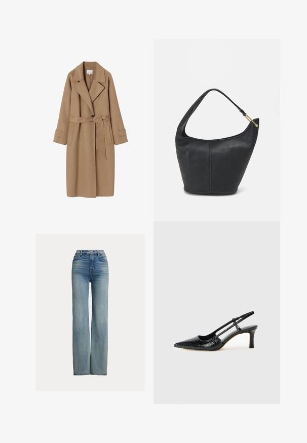 Beige ullblandning trench coat med slagkrage, knytmidja, sidofickor och uppvikta ärmar. Slät yta och minimal design.; Svart stickad kortärmad tröja med rund halsringning. Har en ribbad textur och en rak fåll. Etikett på insidan av kragen.; Högmidjade, raka blå jeans med framfickor, bälteshällor och knäppning, med subtila blekta detaljer.; Svart lackskin slingback-häl med spetsig tå, med texturerad ormskinnsprint, justerbar rem och en kort, texturerad blockklack.; Svart läderhandväska med rundad form, bred axelrem och texturerad yta. Har en diskret sömdetalj och accenter i guldton.