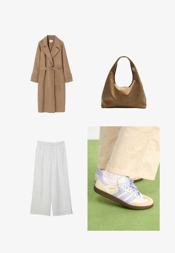 Beige wool blend trench coat with a notched lapel, tie waist, side pockets, and cuffed sleeves. Smooth texture and minimal design details.; Light beige short-sleeve t-shirt with a round neckline, made of soft, smooth fabric. Features a relaxed fit and straight hemline.; White wide-leg trousers made of lightweight fabric, featuring an elastic waistband and a drawstring for adjustable fit. Smooth texture.; Cream and lavender sneakers with three stripes and a textured brown sole, featuring laces and a padded heel. Soft fabric upper.; Brown fabric shoulder bag with a wide, rounded body and a large cutout handle. Soft texture, minimalistic design, and no visible hardware.