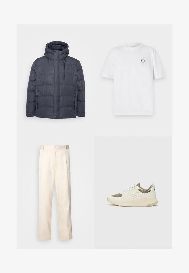 Polo Ralph Lauren Big & Tall Down jacket - dark grey; White cotton t-shirt with a relaxed fit, featuring a small black graphic logo on the left chest area. Short sleeves, crew neck style.; Beige cotton trousers with a straight-leg cut, featuring a button closure and pleats at the front for added detail.; White and light beige athletic sneaker, featuring a mesh upper, perforated detailing, and a textured midsole with branding on the heel.