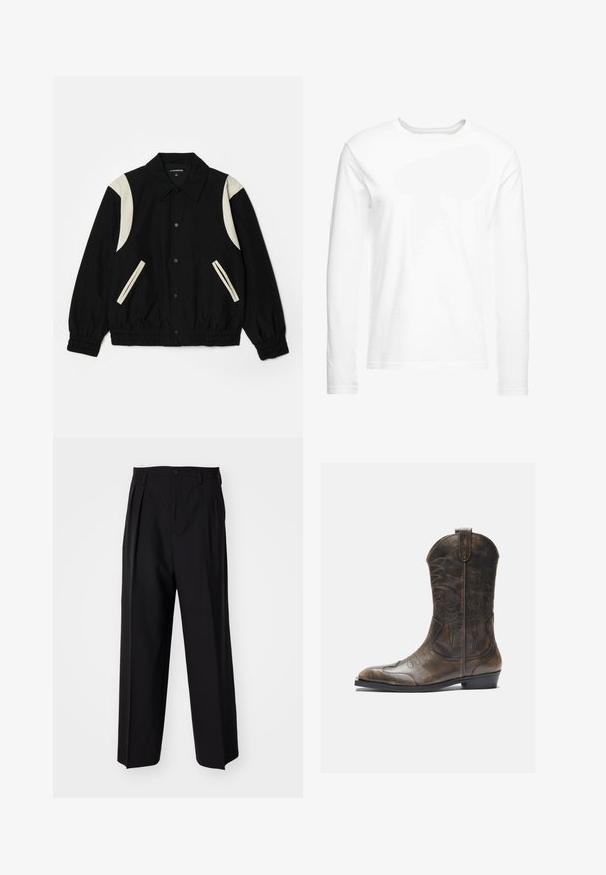 Melna jaka ar elastīgām aprocēm, kuras iezīmē krēmkrāsas akcenti uz pleciem un kabatām. Ar pogu aizdari, viegls audums, brīvs piegriezums.; Garā piedurkņu balta T-krekls, kas izgatavots no mīksta kokvilnas. Apaļa kakla izgriezuma forma ar taisnām apakšmalām un bez redzamām rakstiem vai grafikas.; Melnas plisētās bikses ar taisnu, plata kāja dizainu. Izgatavotas no gludas auduma, ar pogu aizdari un jostas cilpiņām.; Brūnas ādas kovboju zābaki ar garu kāju, norādītu purngalu, sarežģītām šuvju rakstībām un mazu papēdi. Virsma ar faktūru visā zābakā.