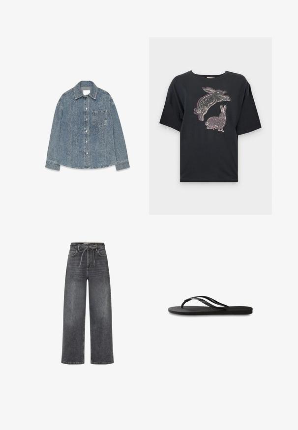 Vaaleansininen farkkutakki, jossa on teksturoitu pinta, löysä kaulus, napitus edessä ja rintatasku.; Musta puuvillapaita, jossa on löysä malli, etuosassa valkoisena ja vaaleana liilan värisenä printed kuva kahdesta kanista. Lyhyet hihat ja pyöreä kaula-aukko.; Korkeavyötäröiset, leveälahkeiset mustat farkut, joissa on etutaskut ja kangasvyö solmittuna rusetiksi vyötärölle.; Mustat flip-flopit, joissa on röpelöinen kumipohja, kaksi hoikkaa remmiä ja hillitty, kohokuvioitu logotyyli remmissä.