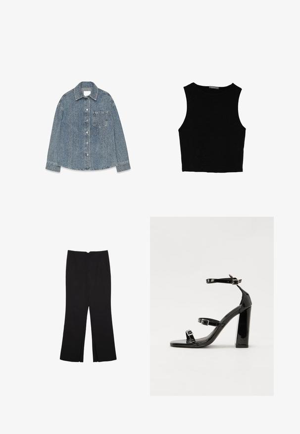 Denim jacket in light blue with a textured finish, featuring a spread collar, button closure, and a chest pocket.; Black sleeveless crop top made of smooth fabric, featuring a round neck and a clean, simple design without patterns or hardware.; Black trousers with a straight fit, featuring front pockets and side slits at the hem. Made of soft, smooth fabric. Suitable for various occasions.; Black patent heeled sandals with a square toe, ankle straps, and silver buckles. Features a chunky block heel for stability.