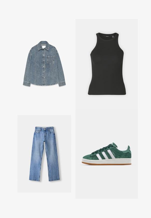 Denim jacket in light blue with a textured finish, featuring a spread collar, button closure, and a chest pocket.; Black ribbed tank top with a high neckline and sleeveless design. Features a fitted silhouette and soft texture.; Light blue denim jeans with a straight leg design, featuring five pockets, a front button closure, and subtle fading for texture.; Green suede sneaker with white leather stripes, rubber sole, padded collar, and minimalistic design. Features branding on the side.