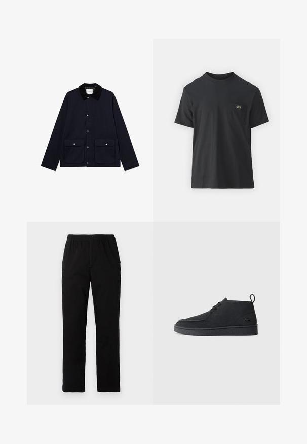 Marineblå bomullskåpe med kordfløyelskrage, trykknapplukking, to frontlommer og strukturert overflate. Har en avslappet passform.; Svart bomull t-skjorte med korte ermer, rund hals og en liten grønn logo på venstre brystlomme. Enkelt design, normal passform.; Sorte bukser laget av bomullsblandet stoff, med rett snitt, elastisk midjebånd med knapp, og uten synlige mønstre eller detaljer.; Svart semsket snøring ankelstøvel med drageløkke og teksturert såle, med en liten preget krokodillelogo på siden.