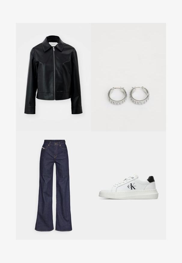 Crna kožna jakna s ovratnikom, prednjim zatvaranjem na patentni zatvarač i bočnim džepovima. Ima kroj koji završava iznad struka i ugravirani detalj s logotipom.; Bijela pamučna majica s printanom ilustracijom dviju žena u urbanom modnom stilu s psom na pješačkom prijelazu i gradskim zgradama.; Tamno plave široke traperice s visokim strukom, izrađene od denim tkanine, s narančastim šavovima, pet džepovima i kopčanjem na dugme.; Bijeli niskotoperani tenisice s crnom petom, platformom, vezicama i "CK" logotipom Calvin Kleina sa strane.; Srebrne naušnice na obruče s teksturiranim dizajnom koji sadrži vertikalne rebra. Okrugli oblik s sigurnim zatvaranjem. Glatka završna obrada.