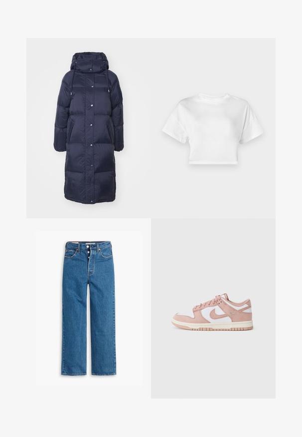 Mörkblå vadderad jacka med hög krage, justerbar huva, tryckknappar och två framfickor, tillverkad av ett glansigt, lätt material.; Vit kortärmad t-shirt i bomull. Korta ärmar, rund halsringning, slät textur, avslappnad design utan mönster eller dekorationer.; Blå denim raka jeans med hög midja, femficksdesign och knappgylf. Tydlig sömnad och kopparfärgade nitar.; Sneakern har en mjuk rosa mocka övre, vita läderpaneler och en texturerad gummisul. Anmärkningsvärt swoosh-logotyp på sidorna, snörningsdesign.