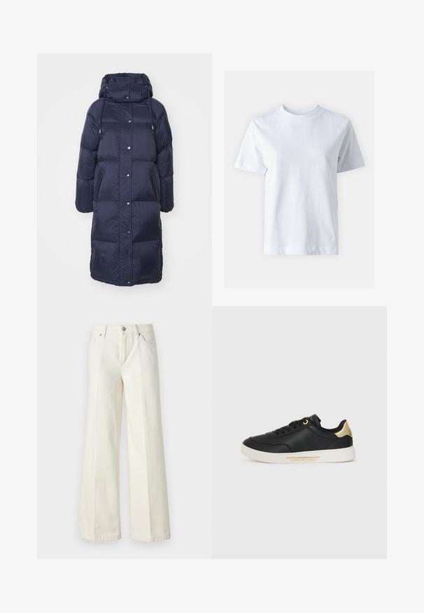 Navy blue padded coat featuring a high collar, drawstring hood, snap buttons, and two front pockets, made from a glossy, lightweight material.; White cotton t-shirt with a crew neckline, short sleeves, a straight cut, and smooth texture. No patterns or embellishments.; Wide-leg white jeans made from cotton blend fabric. Features a zipper fly, five-pocket design, and stitching along the seams.; Black leather sneaker with a smooth texture, white rubber sole, gold accents on the heel and eyelets, featuring a logo on the side.