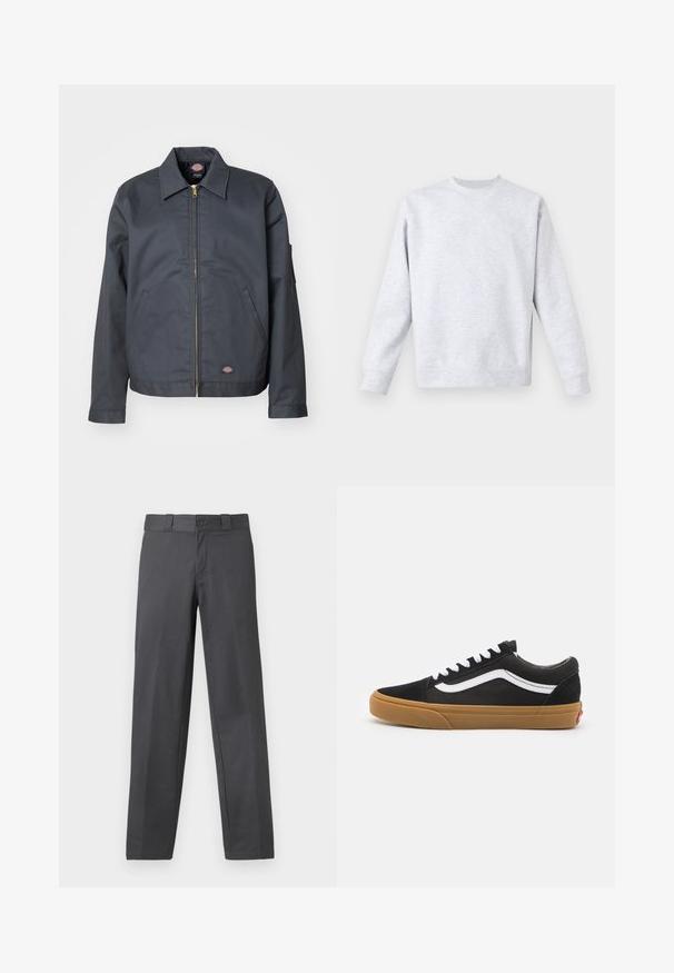 Dark gray jacket made of sturdy fabric. Features a collar, front zip, side pockets, and a small logo on the lower front. Smooth texture.; Light gray sweatshirt made of soft fabric, featuring a crew neck, long sleeves, and ribbed cuffs and hem. Minimalist design with no patterns.; Gray trousers made of smooth fabric, featuring a straight-leg design, button closure, and belt loops; minimal seams and no patterns.; Black suede sneakers with white side stripe, white laces, and gum rubber sole. Classic low-top design with textured accents and rounded toe.